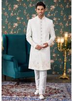 Art Silk Cream Groom Wear Thread Work Readymade Sherwani